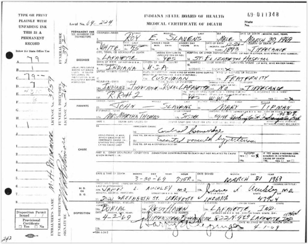 Roy Slavens death certificate 1969