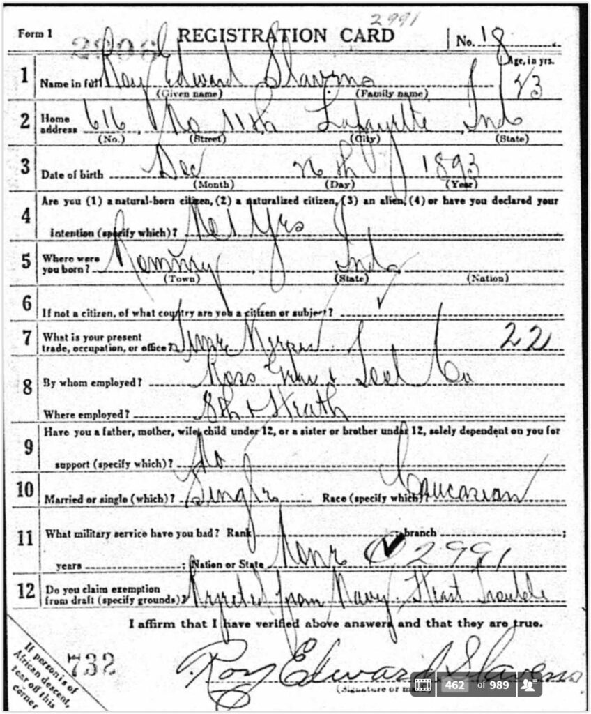Roy Slavens Registration form 1936