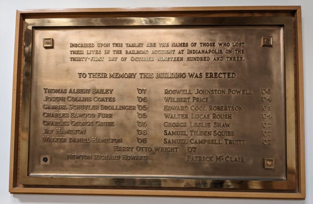 Memorial Gym plaque honoring 1903 Purdue train wreck victims